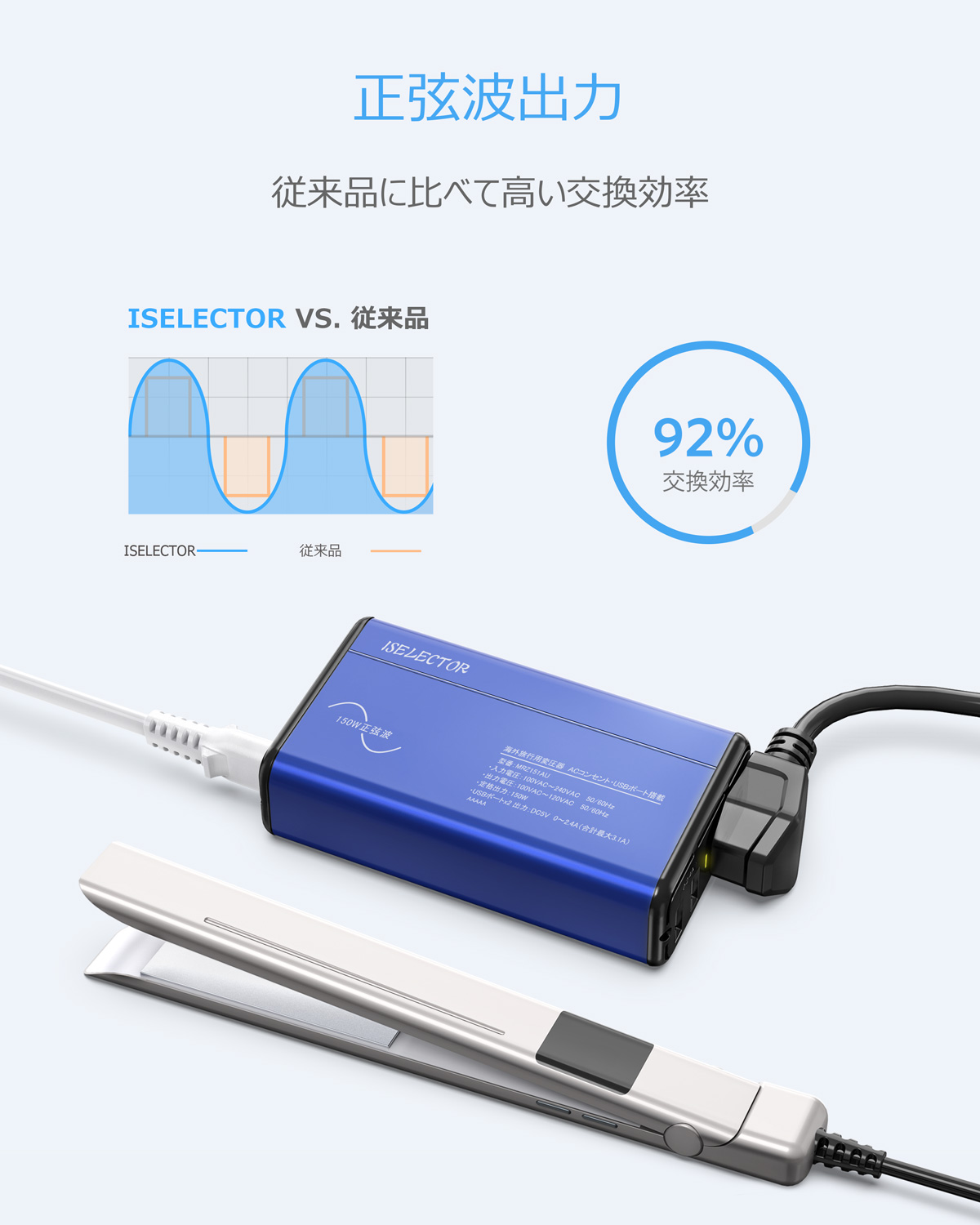 純正弦波 海外旅行用変圧器 変換プラグ付き 100V-240V to 100V 変換